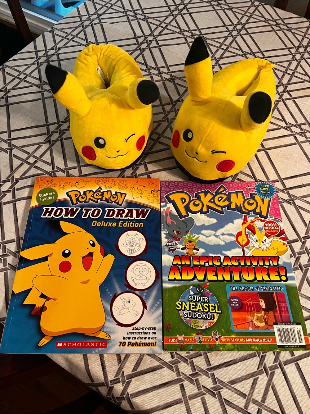 Pikachu Plush Slippers -yellow with (2) Activity Books -Great gift packet or fun